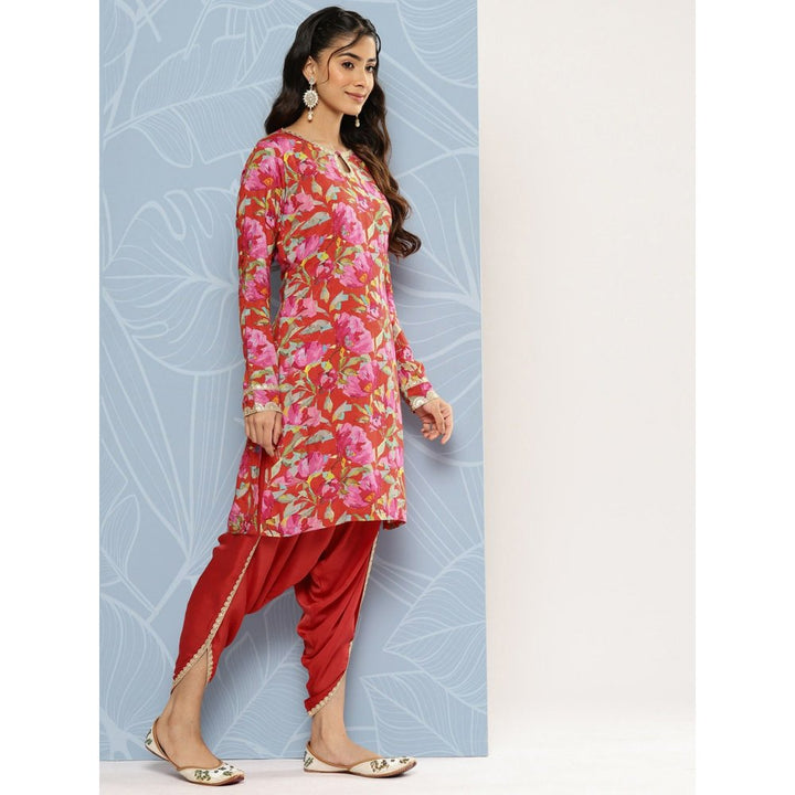 FASHOR Floral Printed & Embroidered Kurta with Dhoti Pant - Red (Set of 2)