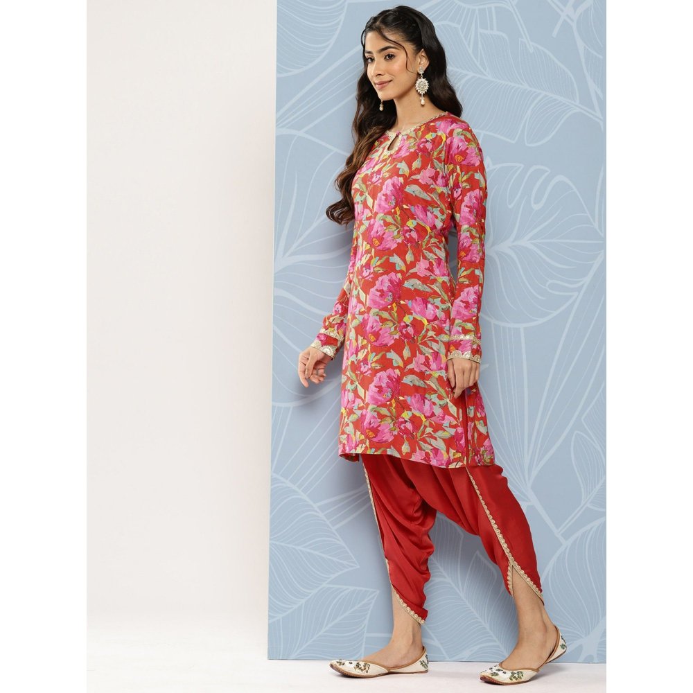 FASHOR Floral Printed & Embroidered Kurta with Dhoti Pant - Red (Set of 2)