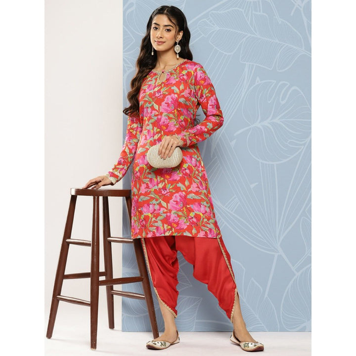 FASHOR Floral Printed & Embroidered Kurta with Dhoti Pant - Red (Set of 2)