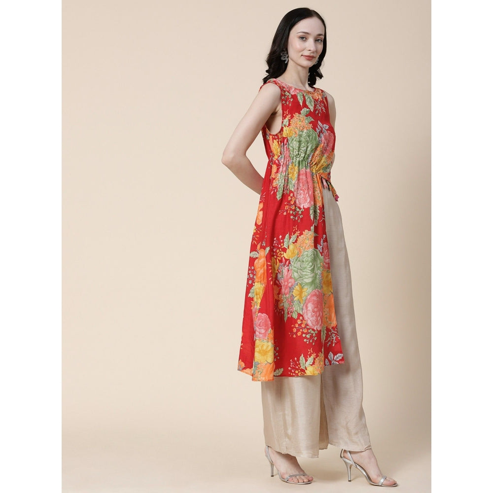 FASHOR Floral & Hand Embroidered Asymmetric Kurta with Flared Palazzo - Red (Set of 2)