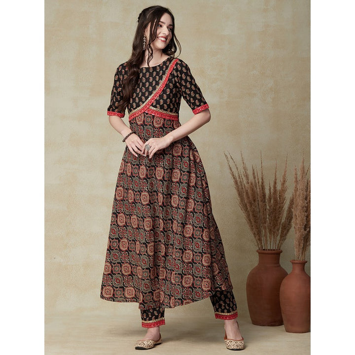 FASHOR Ethnic Printed & Embroidered A-Line Flared Kurta with Pant - Black (Set of 2)