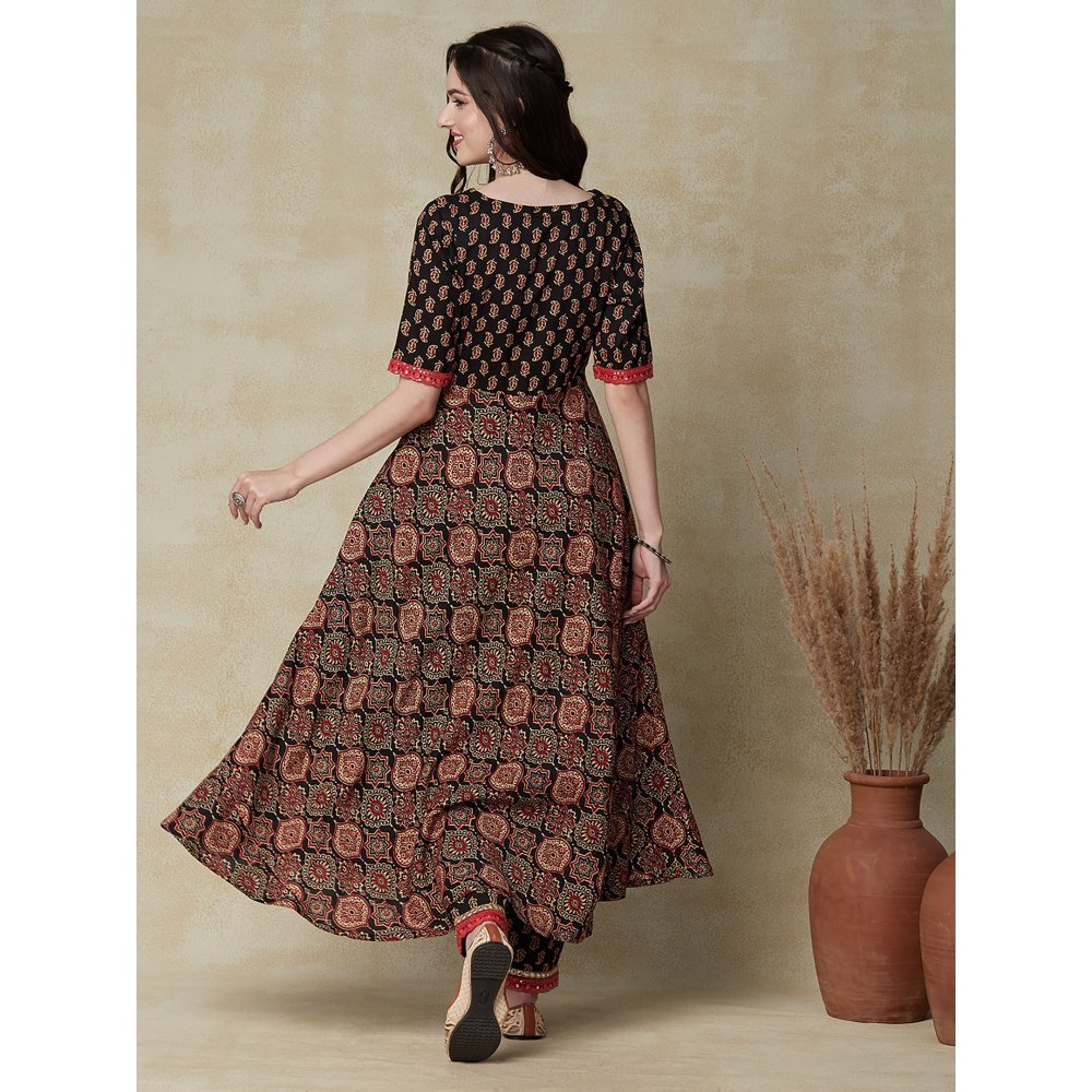 FASHOR Ethnic Printed & Embroidered A-Line Flared Kurta with Pant - Black (Set of 2)