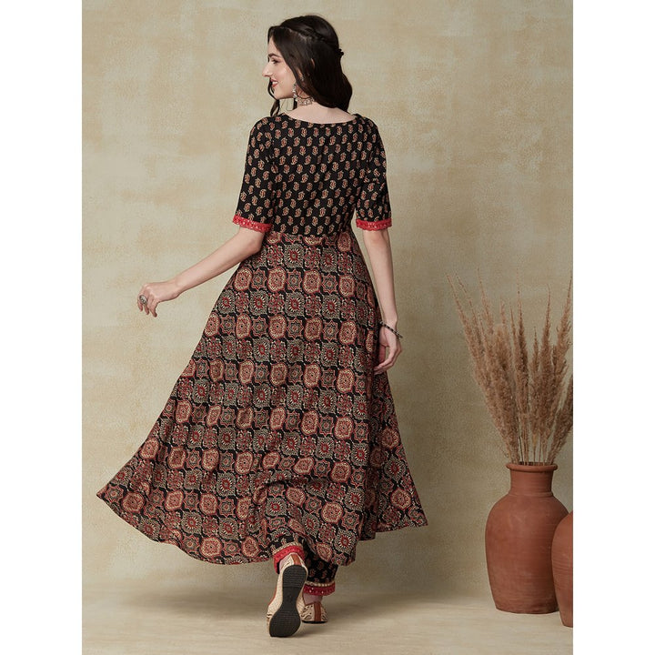 FASHOR Ethnic Printed & Embroidered A-Line Flared Kurta with Pant - Black (Set of 2)