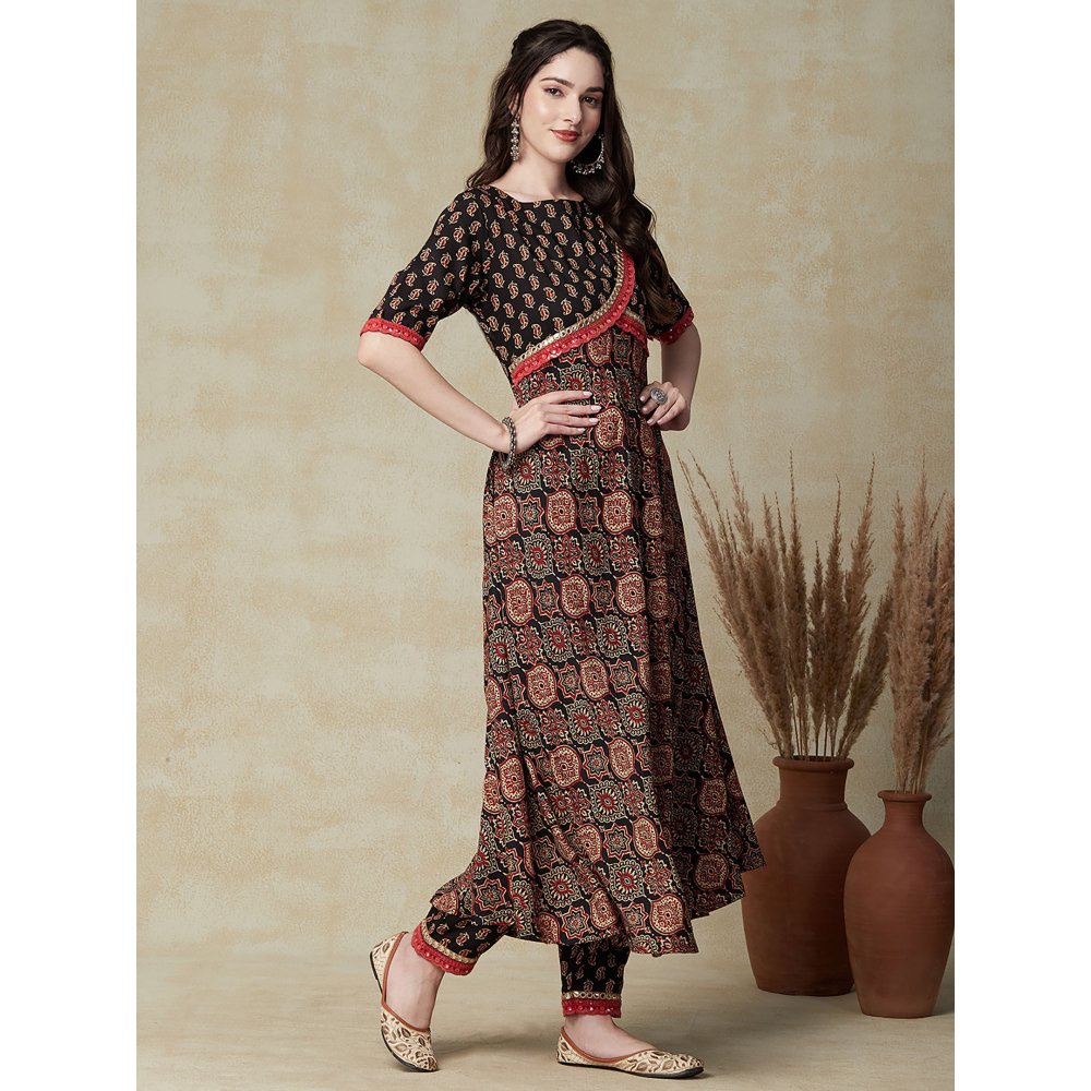 FASHOR Ethnic Printed & Embroidered A-Line Flared Kurta with Pant - Black (Set of 2)