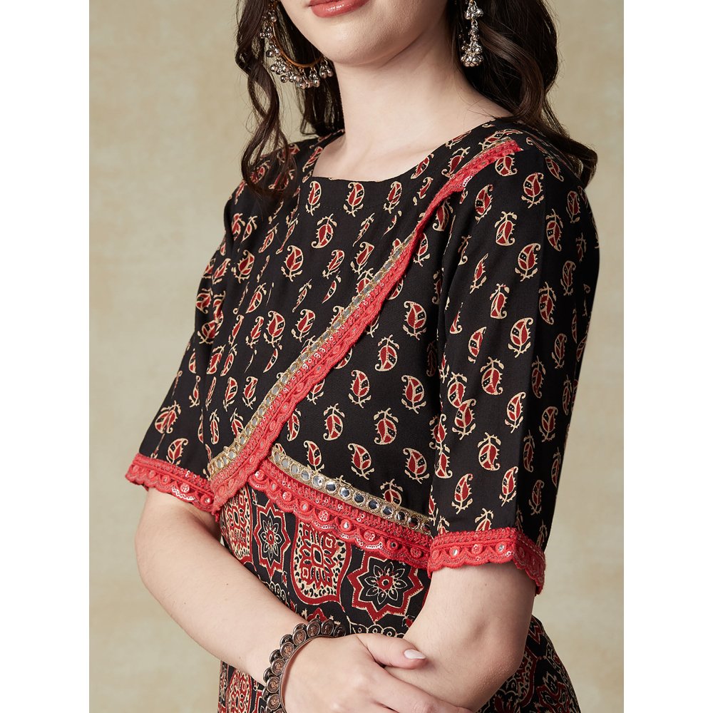 FASHOR Ethnic Printed & Embroidered A-Line Flared Kurta with Pant - Black (Set of 2)