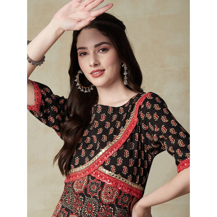 FASHOR Ethnic Printed & Embroidered A-Line Flared Kurta with Pant - Black (Set of 2)