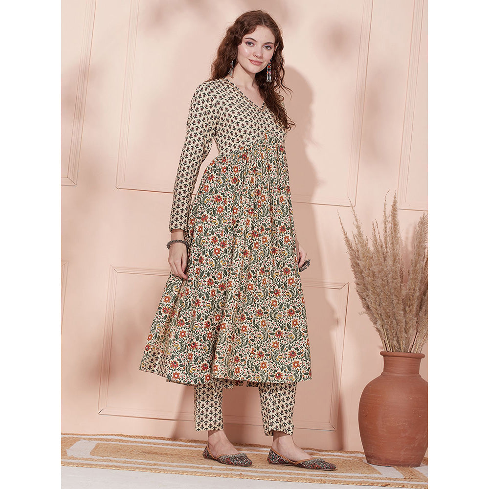 FASHOR Ethnic Printed A Line Pleated Anarkali Kurta with Pant - Beige (Set of 2)