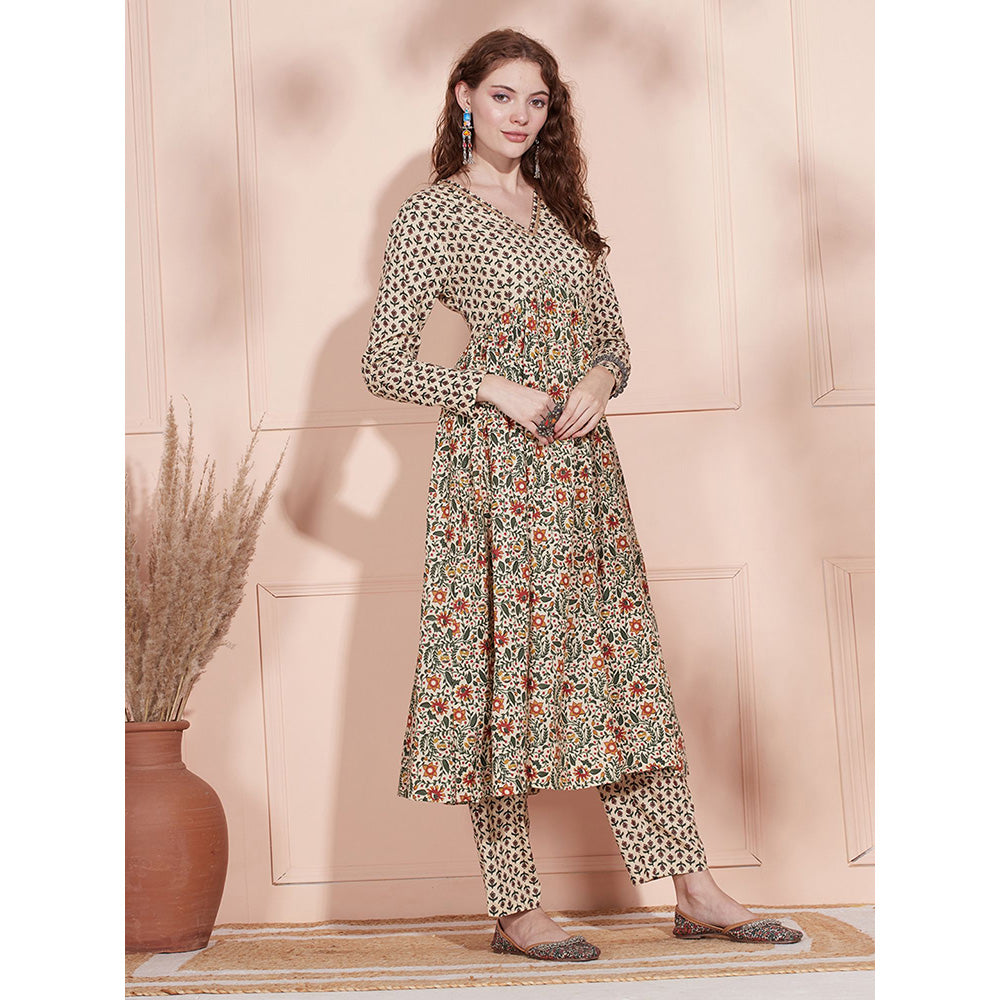 FASHOR Ethnic Printed A Line Pleated Anarkali Kurta with Pant - Beige (Set of 2)