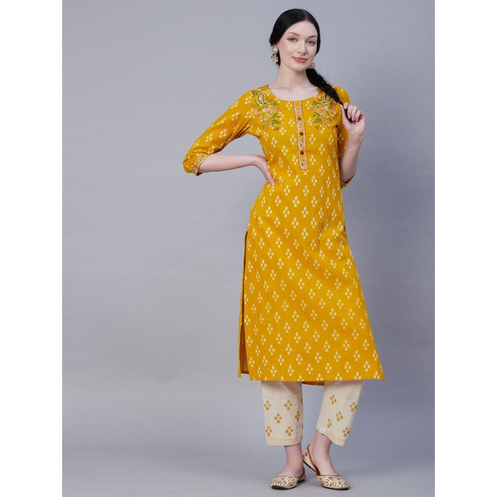 FASHOR Abstract Printed Resham Embroidered Kurta With Embroidered Pant - Yellow (Set of 2)