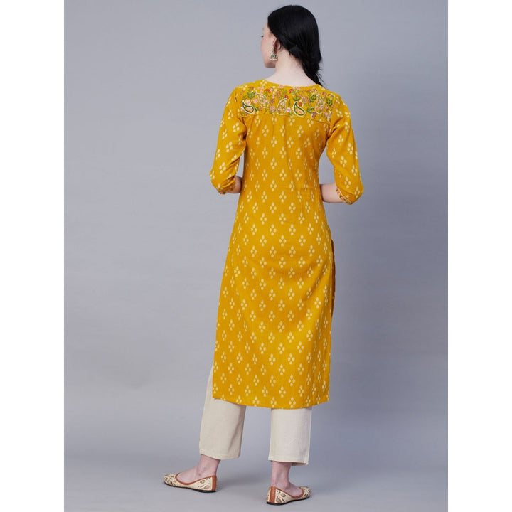 FASHOR Abstract Printed Resham Embroidered Kurta With Embroidered Pant - Yellow (Set of 2)