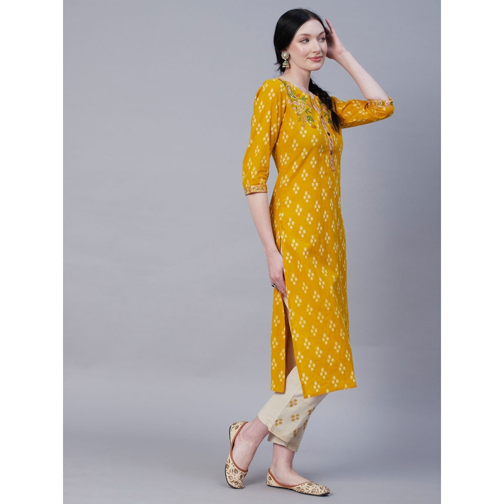 FASHOR Abstract Printed Resham Embroidered Kurta With Embroidered Pant - Yellow (Set of 2)