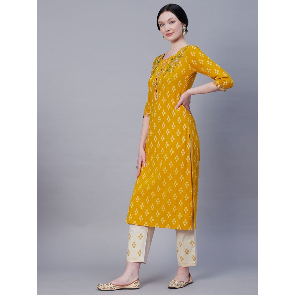 FASHOR Abstract Printed Resham Embroidered Kurta With Embroidered Pant - Yellow (Set of 2)