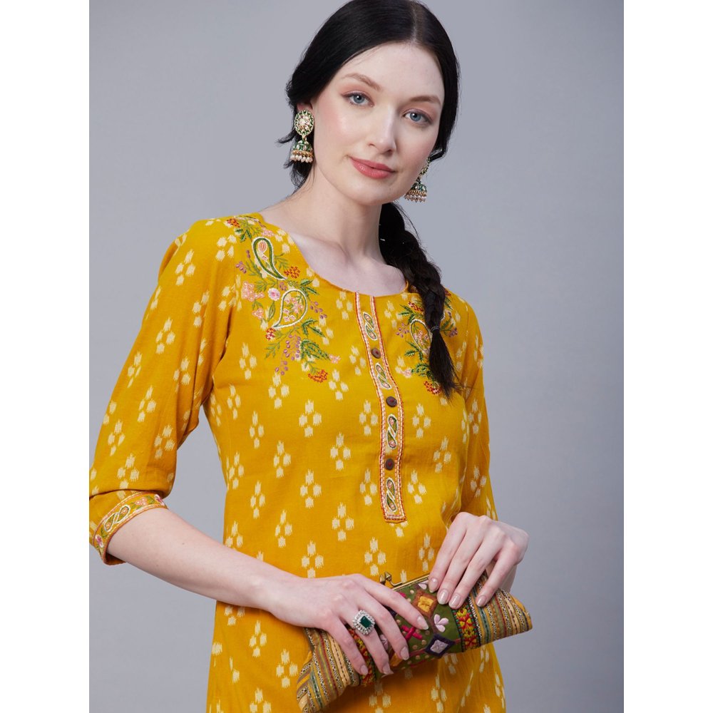 FASHOR Abstract Printed Resham Embroidered Kurta With Embroidered Pant - Yellow (Set of 2)