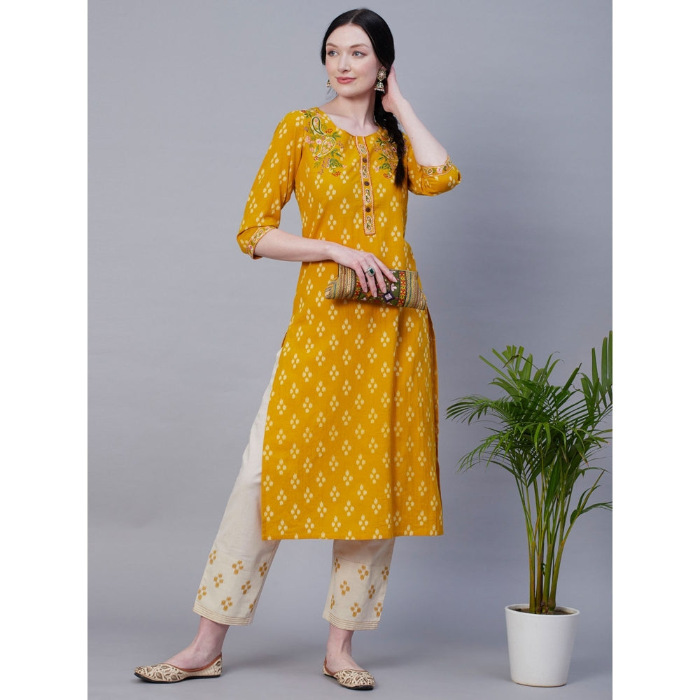 FASHOR Abstract Printed Resham Embroidered Kurta With Embroidered Pant - Yellow (Set of 2)