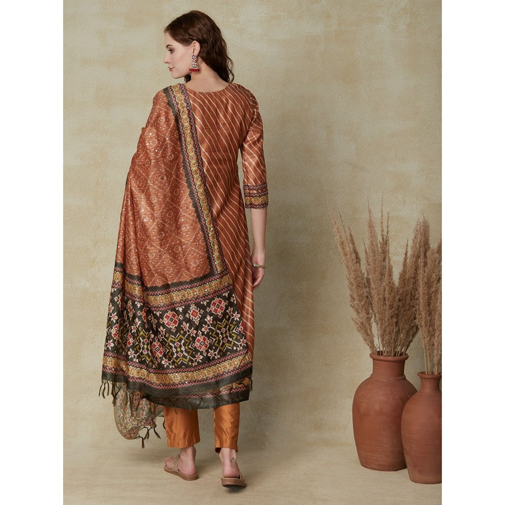 FASHOR Ethnic Printed Kurta with Pant and Dupatta - Brown (Set of 3)