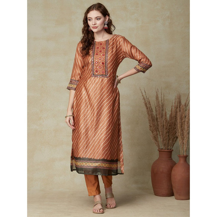 FASHOR Ethnic Printed Kurta with Pant and Dupatta - Brown (Set of 3)