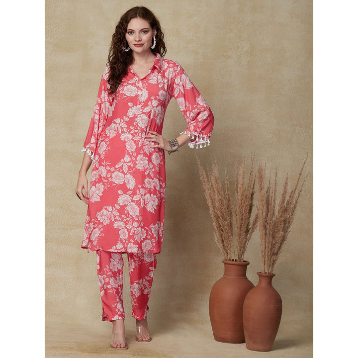 FASHOR Floral Printed Straight Fit Kurta & Pants - Pink (Set of 2)