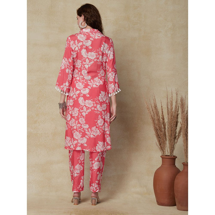 FASHOR Floral Printed Straight Fit Kurta & Pants - Pink (Set of 2)