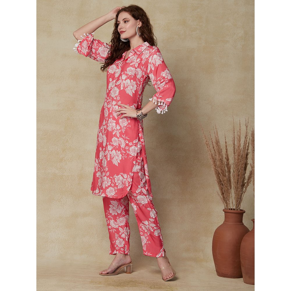 FASHOR Floral Printed Straight Fit Kurta & Pants - Pink (Set of 2)