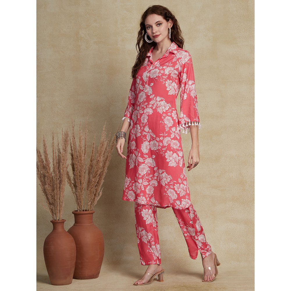 FASHOR Floral Printed Straight Fit Kurta & Pants - Pink (Set of 2)