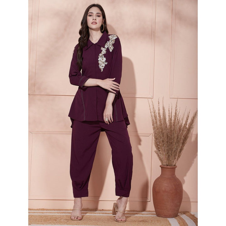 FASHOR Embroidered Kurti with Pant - Eggplant Wine (Set of 2)