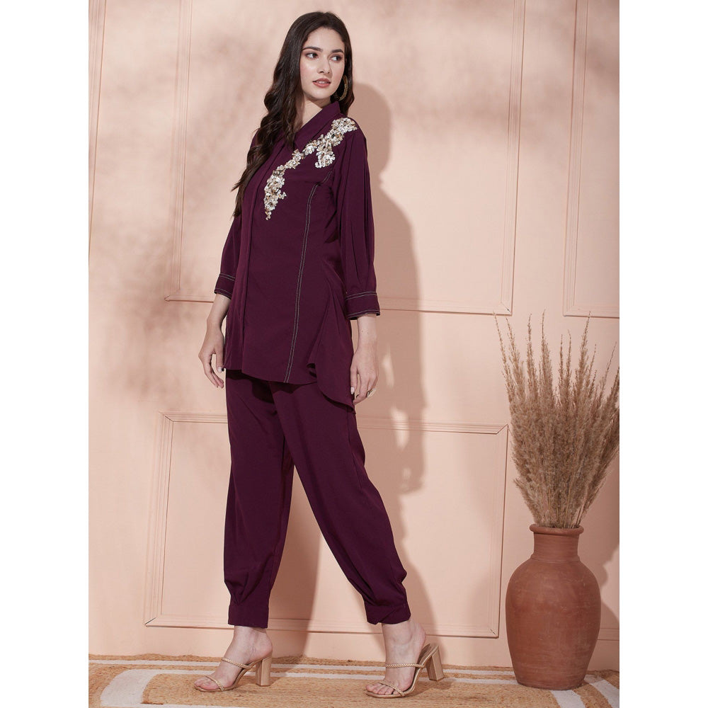 FASHOR Embroidered Kurti with Pant - Eggplant Wine (Set of 2)