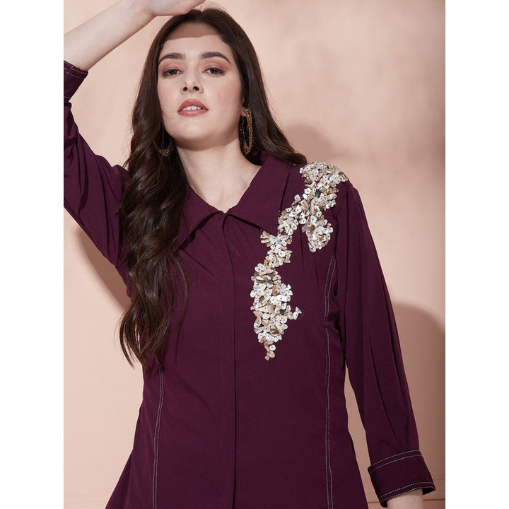 FASHOR Embroidered Kurti with Pant - Eggplant Wine (Set of 2)