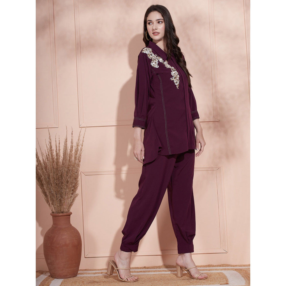 FASHOR Embroidered Kurti with Pant - Eggplant Wine (Set of 2)