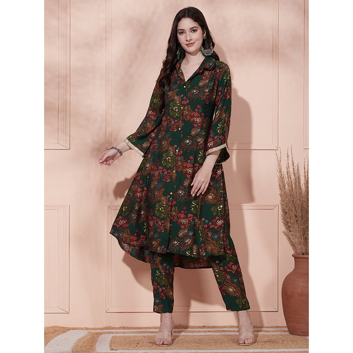 FASHOR Floral Foil Printed Kurta with Pant - Green (Set of 2)