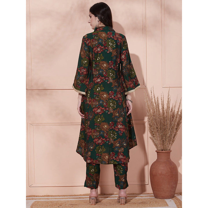 FASHOR Floral Foil Printed Kurta with Pant - Green (Set of 2)