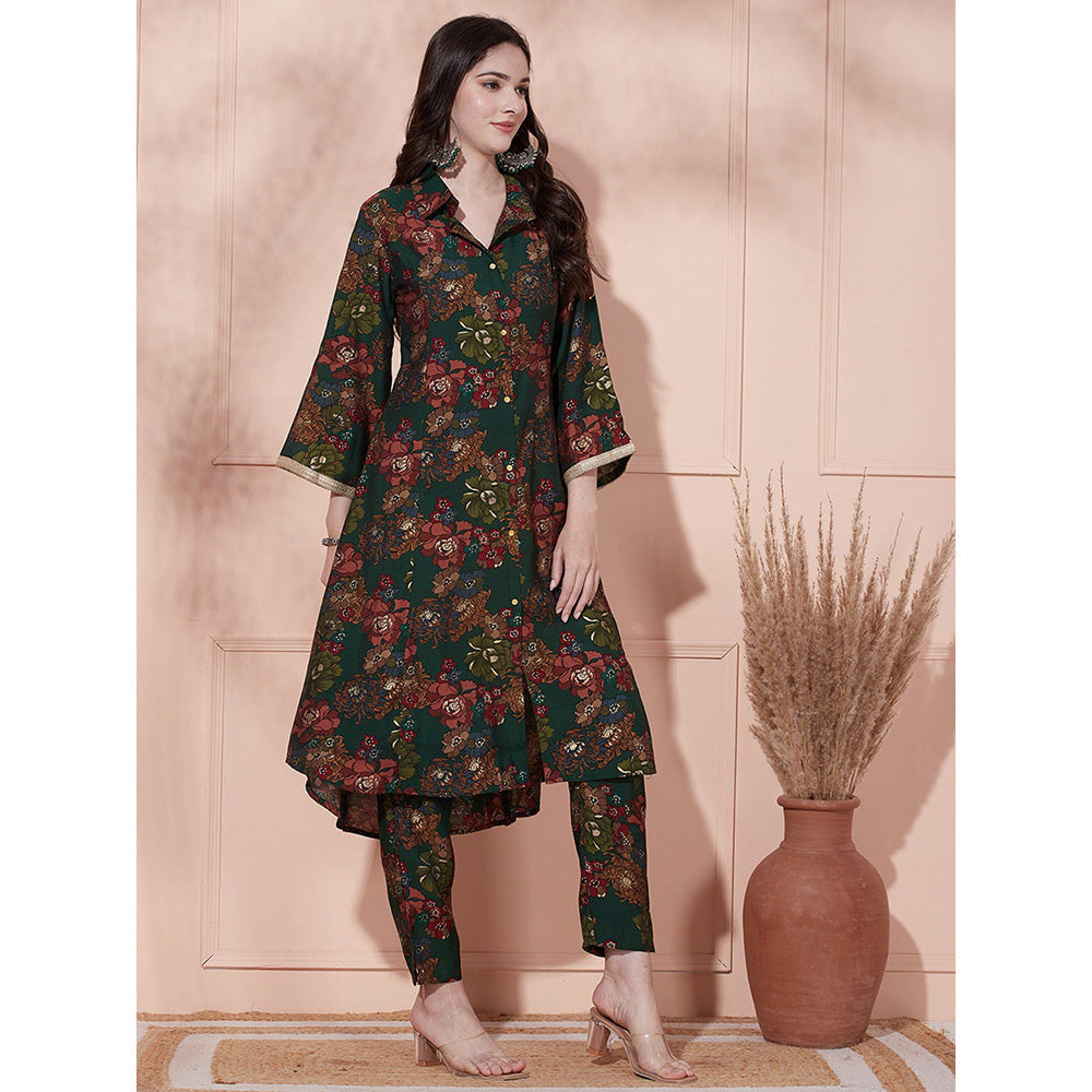 FASHOR Floral Foil Printed Kurta with Pant - Green (Set of 2)