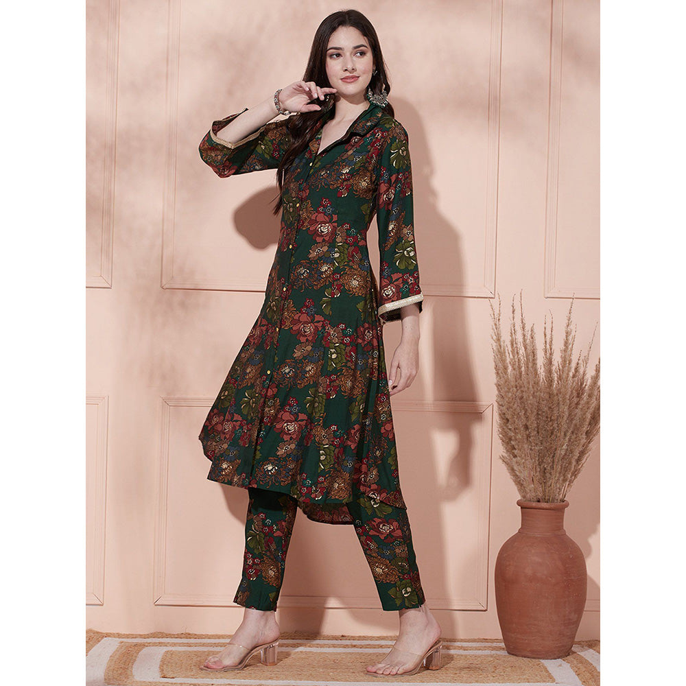 FASHOR Floral Foil Printed Kurta with Pant - Green (Set of 2)