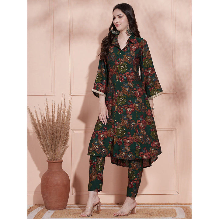 FASHOR Floral Foil Printed Kurta with Pant - Green (Set of 2)