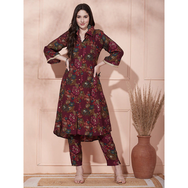 FASHOR Floral Foil Printed Kurta with Pant - Wine (Set of 2)