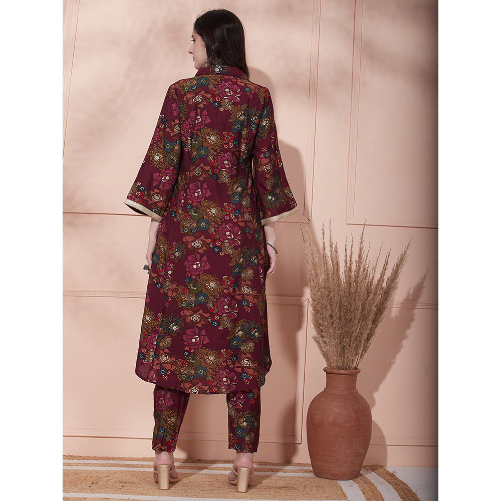 FASHOR Floral Foil Printed Kurta with Pant - Wine (Set of 2)