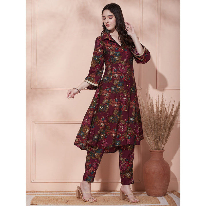 FASHOR Floral Foil Printed Kurta with Pant - Wine (Set of 2)