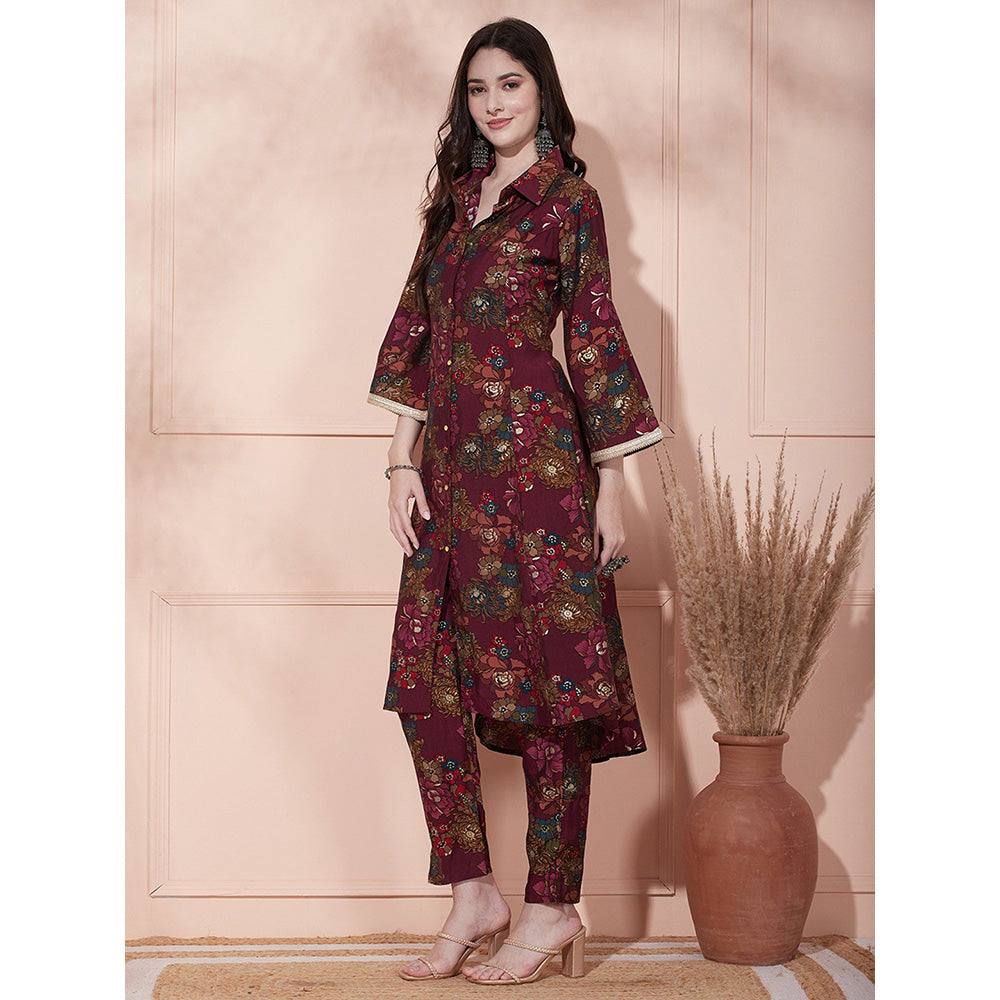 FASHOR Floral Foil Printed Kurta with Pant - Wine (Set of 2)