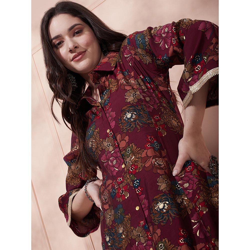 FASHOR Floral Foil Printed Kurta with Pant - Wine (Set of 2)