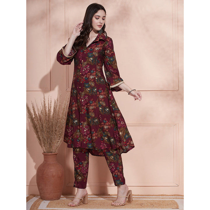 FASHOR Floral Foil Printed Kurta with Pant - Wine (Set of 2)