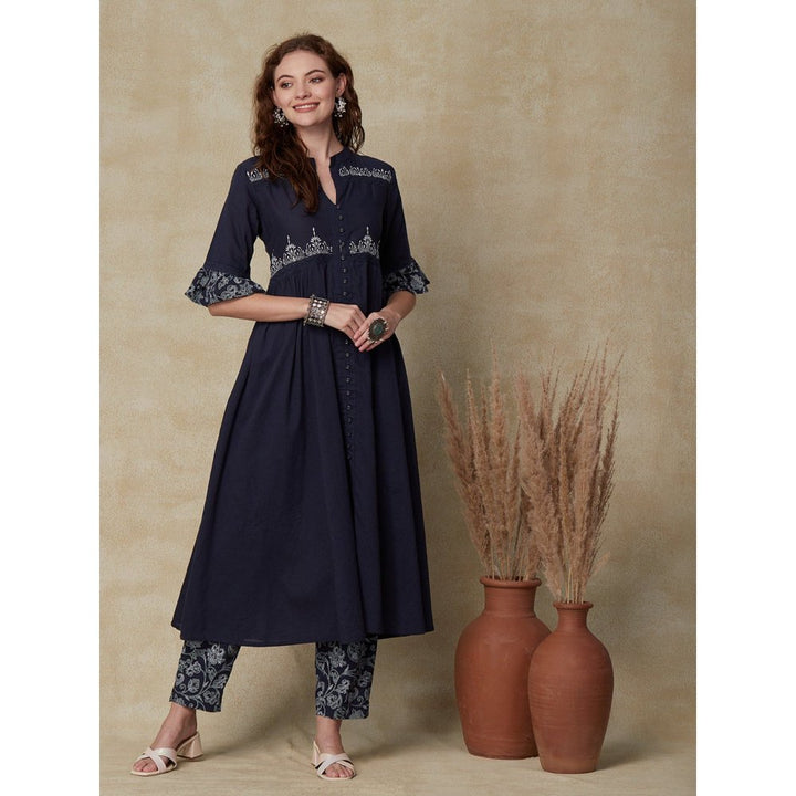 FASHOR Solid Ethnic Kurta with Pant - Navy Blue (Set of 2)