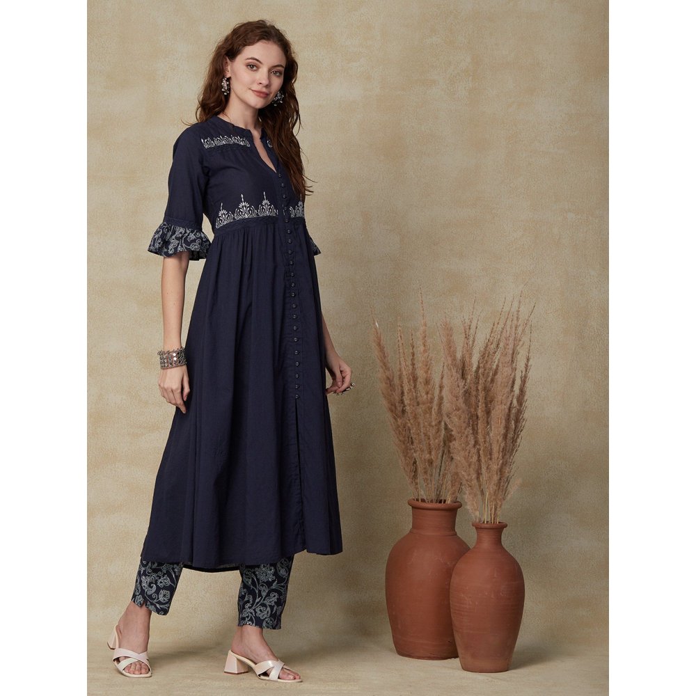 FASHOR Solid Ethnic Kurta with Pant - Navy Blue (Set of 2)