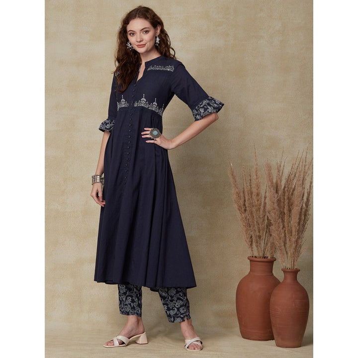 FASHOR Solid Ethnic Kurta with Pant - Navy Blue (Set of 2)