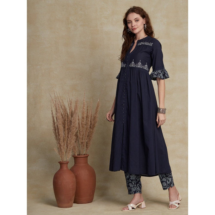 FASHOR Solid Ethnic Kurta with Pant - Navy Blue (Set of 2)