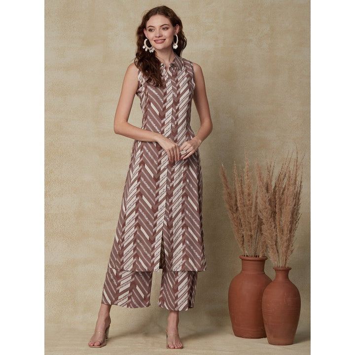 FASHOR Chevron Kurta with Palazzo - Brown (Set of 2)