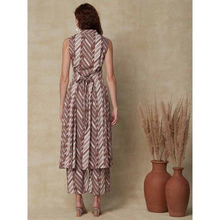 FASHOR Chevron Kurta with Palazzo - Brown (Set of 2)