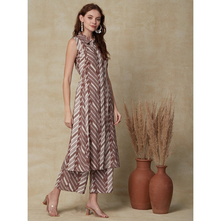 FASHOR Chevron Kurta with Palazzo - Brown (Set of 2)