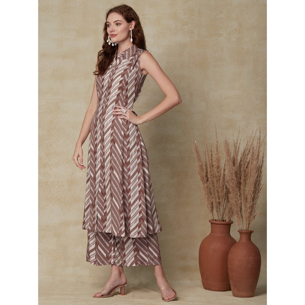 FASHOR Chevron Kurta with Palazzo - Brown (Set of 2)