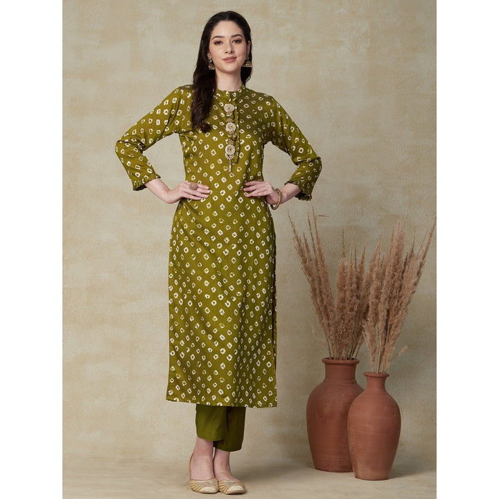 FASHOR Bandhani Printed Kurta with Pants - Olive Green (Set of 2)