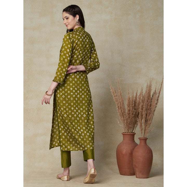 FASHOR Bandhani Printed Kurta with Pants - Olive Green (Set of 2)