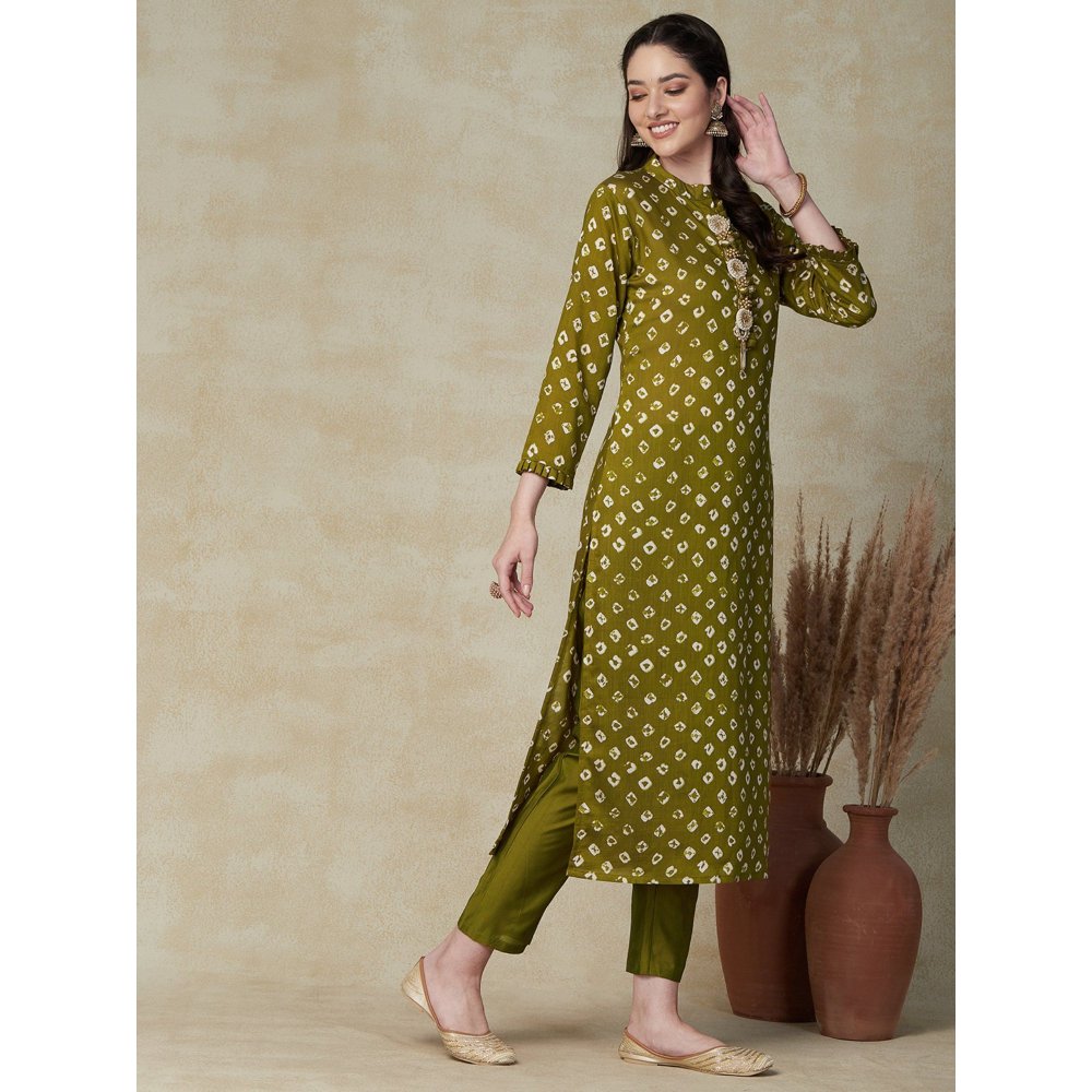 FASHOR Bandhani Printed Kurta with Pants - Olive Green (Set of 2)